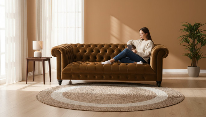 Dräisëtzer Chesterfield Braun Stoff Canapé Nei Original Design Couche Polster
