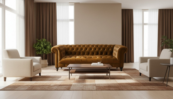 Dräisëtzer Chesterfield Braun Stoff Canapé Nei Original Design Couche Polster