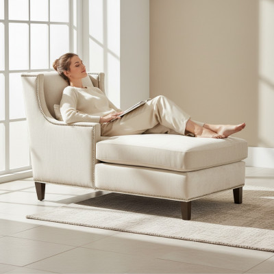 Chaiselongue Léin Miwwel Ottoman Wuonzëmmer Design Canapé Beige Stoff Léin
