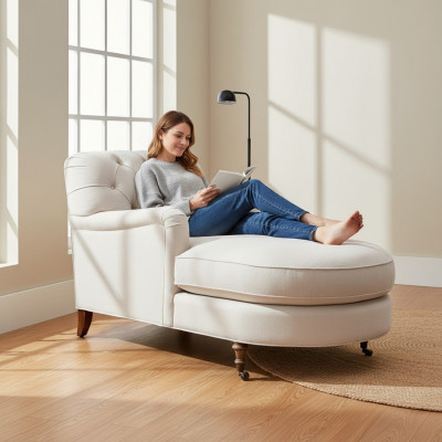 Beige Chaise Longue Chesterfield Miwwelen Lüster Wunnzëmmer Modern