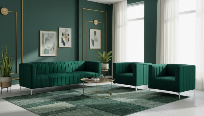 Sofagarnitur Dräi-Sëtzer Stoff Wunnzëmmer Samt Design Gréng Sofa 2 Fauteuil Grupp