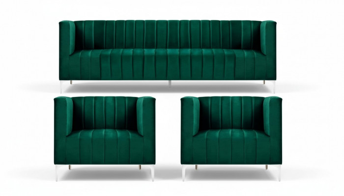 Sofagarnitur Dräi-Sëtzer Stoff Wunnzëmmer Samt Design Gréng Sofa 2 Fauteuil Grupp