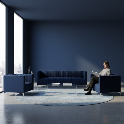 Navy Blo Sofagarnitur Dräisëtzer Stoff Nei Kreativt Design Sofa 2 Sesselen Modern
