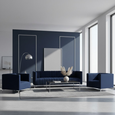 Navy Blo Sofagarnitur Dräisëtzer Stoff Nei Kreativt Design Sofa 2 Sesselen Modern