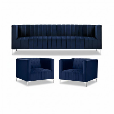 Navy Blo Sofagarnitur Dräisëtzer Stoff Nei Kreativt Design Sofa 2 Sesselen Modern