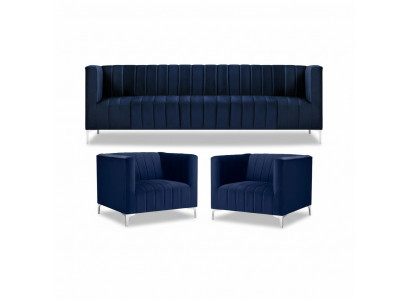 Navy Blo Sofagarnitur Dräisëtzer Stoff Nei Kreativt Design Sofa 2 Sesselen Modern