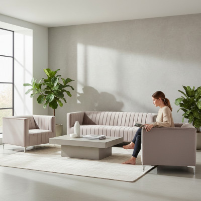 Beige Sofagarnitur Chesterfield Miwwelen Modern Design Textil Wunnzëmmer Couchen
