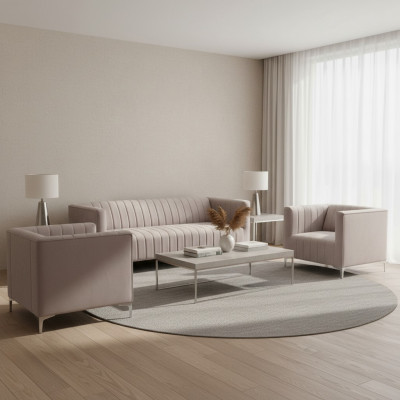Beige Sofagarnitur Chesterfield Miwwelen Modern Design Textil Wunnzëmmer Couchen