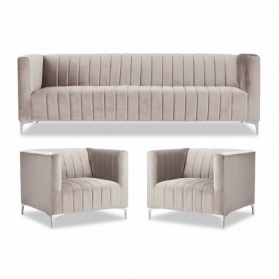 Beige Sofagarnitur Chesterfield Miwwelen Modern Design Textil Wunnzëmmer Couchen