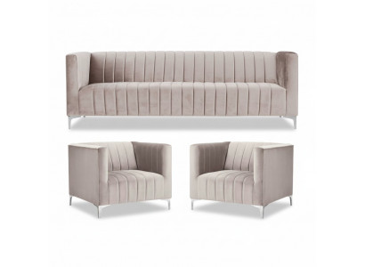 Beige Sofagarnitur Chesterfield Miwwelen Modern Design Textil Wunnzëmmer Couchen