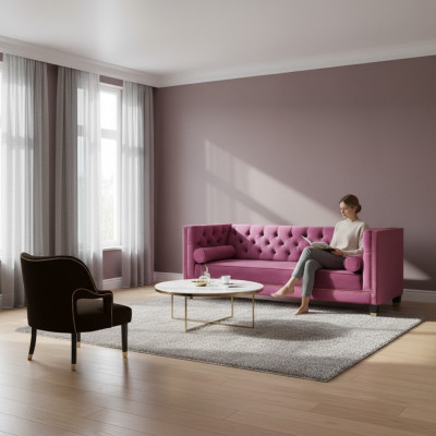 Rosa Chesterfield 2Sëtzschwaarz Textil Modern Design Luxus Miwwelen Sofa Set Nei