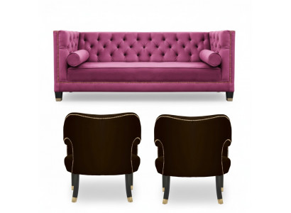 Rosa Chesterfield 2Sëtzschwaarz Textil Modern Design Luxus Miwwelen Sofa Set Nei