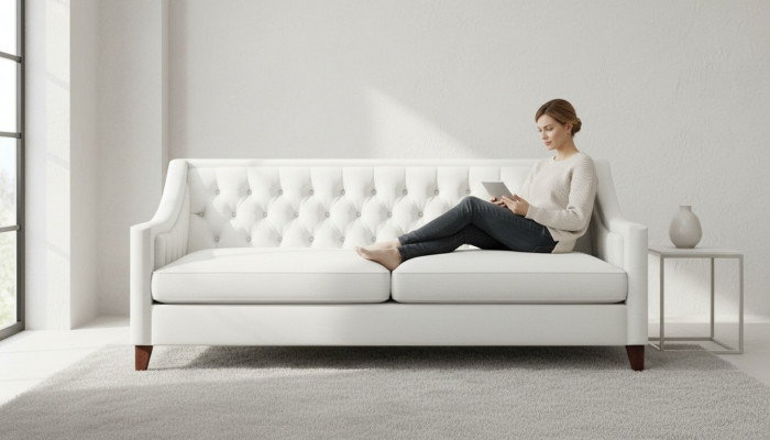 Wäiss Dräiplätzer Chesterfield Modern Design Canapé Stoff Sofa Nei Original Miwwelen