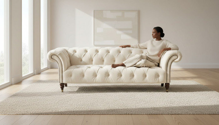 Beige Chesterfield Drësëtzer Modern Design Couches Stoff Sofa Designer Miwwelen