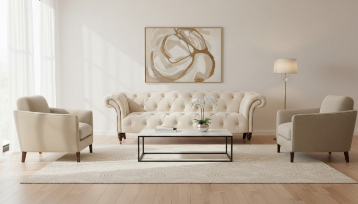 Beige Chesterfield Drësëtzer Modern Design Couches Stoff Sofa Designer Miwwelen