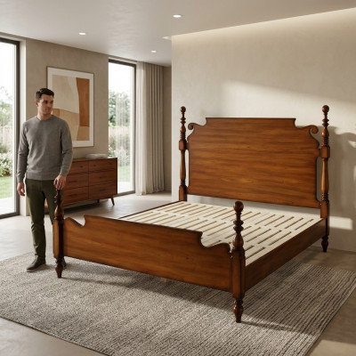 Nostalgie-Bett aus Massivholz mat kunstvoll gedréintelementer