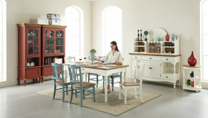 Designer Iesszëmmer Miwwelen 8 Deeler Set Dësch Still Kommod Anrichte Grupp Garnitur