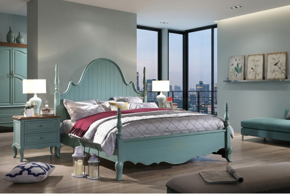Sanft Blo Schlofzëmmermiwwel-Suite aus Massivholz am Landhausstil