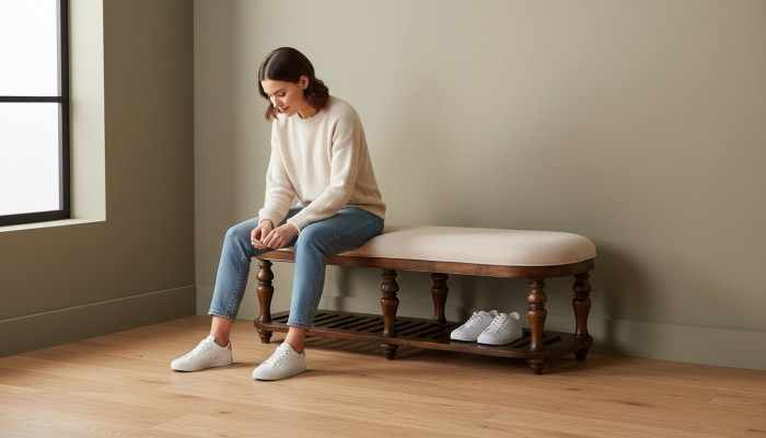 Hocker Polsterhocker Fouss Miwwel Wunnen Sëtzbenken Sëtz Lieder Beige Design Textil