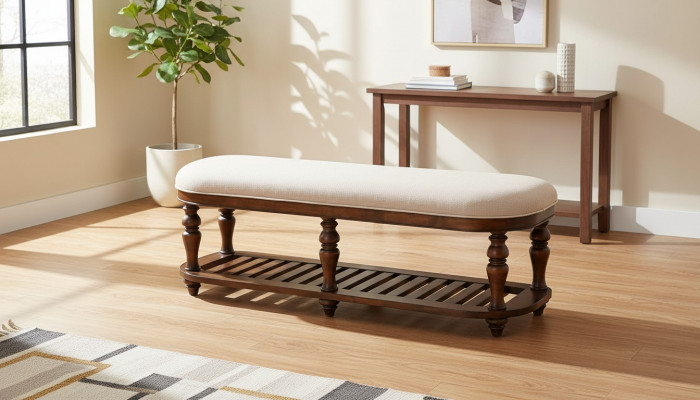 Hocker Polsterhocker Fouss Miwwel Wunnen Sëtzbenken Sëtz Lieder Beige Design Textil