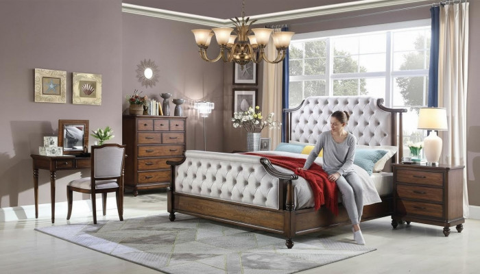 Schlofdësch Design 6 Deeler Schlofzëmmer Komplett Set, Bett, Nuetsdësch, Kommod, Nei