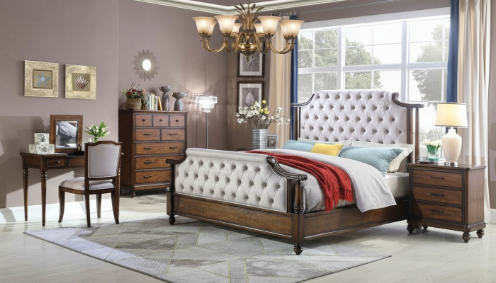 Schlofdësch Design 6 Deeler Schlofzëmmer Komplett Set, Bett, Nuetsdësch, Kommod, Nei