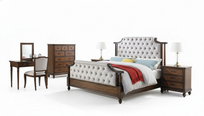 Schlofdësch Design 6 Deeler Schlofzëmmer Komplett Set, Bett, Nuetsdësch, Kommod, Nei