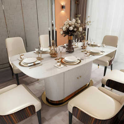 Marmor Designer Iessdësch + 6 Stull Set Garnitur Zëmmer Gruppe 7 Deeler Dëscher