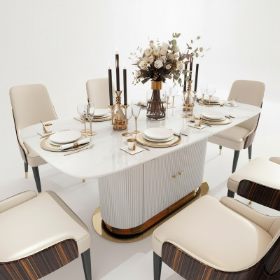 Marmor Designer Iessdësch + 6 Stull Set Garnitur Zëmmer Gruppe 7 Deeler Dëscher