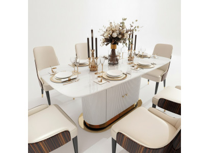 Marmor Designer Iessdësch + 6 Stull Set Garnitur Zëmmer Gruppe 7 Deeler Dëscher