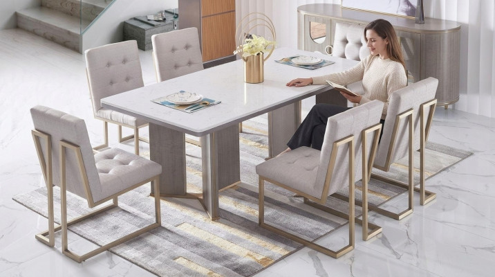 Iesszëmmer Design Miwwelen Stullgrupp Dësch 6 Leen Still Set Garnitur Nei