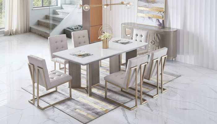 Iesszëmmer Design Miwwelen Stullgrupp Dësch 6 Leen Still Set Garnitur Nei