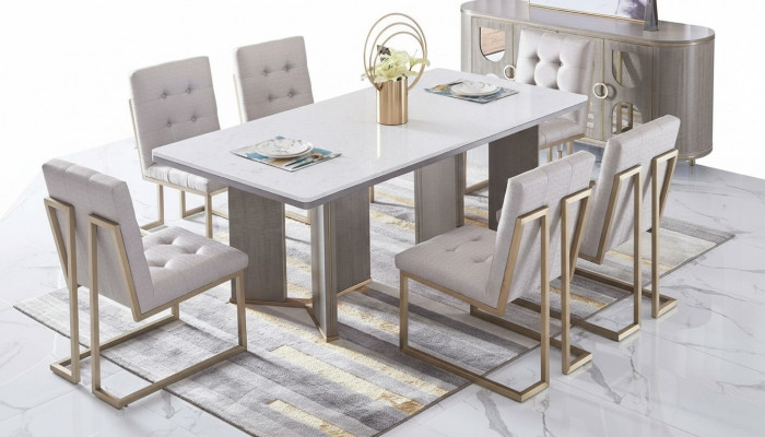 Iesszëmmer Design Miwwelen Stullgrupp Dësch 6 Leen Still Set Garnitur Nei