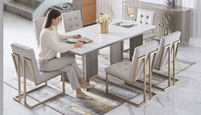 Designer Iesszëmmer Still Set Metall Textil Fotell 6x Lounge Still