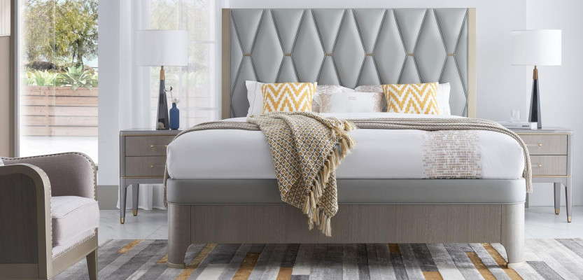 Bett 2x Nuetsdësch 3 dgl. Schlofkummer Set Design Modern Luxus Grupp