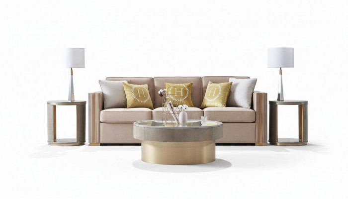 Dreisëtzer Design Gepolstert Sëtz Textil Sofa 3 Sëtzer Miwwel Beige Nei Luxus Miwwel