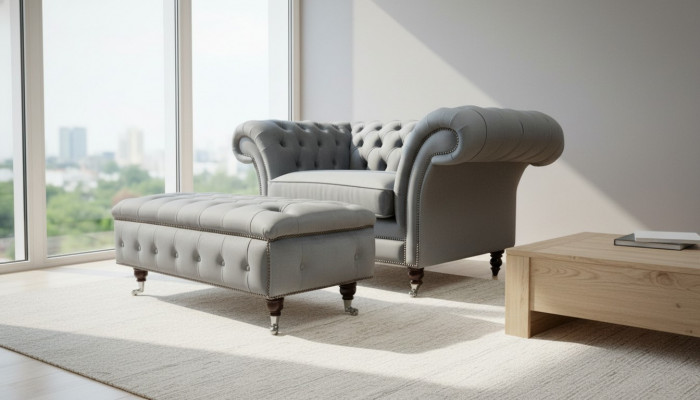 Design Chesterfield Stoff Couch Still 1,5-Sëtz Polster Sofas Lounge Club Nei