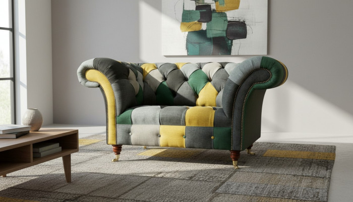 Chesterfield Still Fernseh Canapé 1,5 Sëtzer Sofa Textil Stoff Canapéen Polster