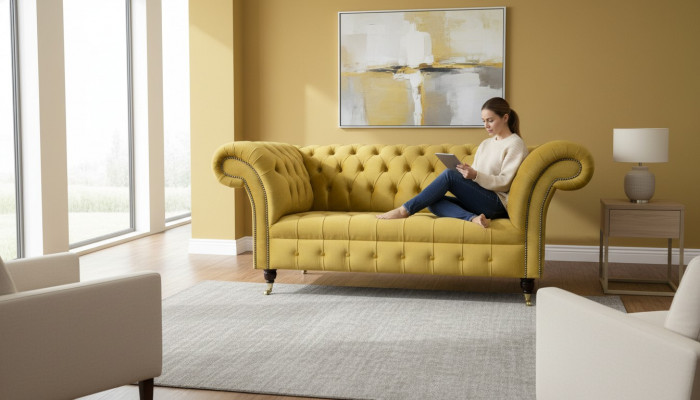 Chesterfield Design Luxus Polster Sofa Couch Sitz Garnitur Textil Giel Nei