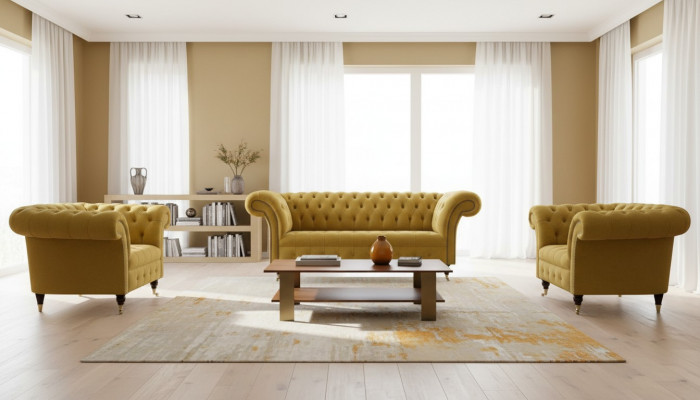 Chesterfield Design Luxus Polster Sofa Couch Sitz Garnitur Textil Giel Nei