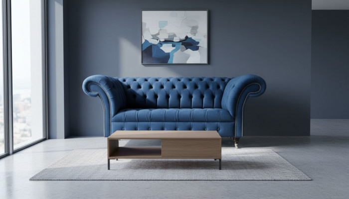 Design Chesterfield Sofagarnitur 2-Sëtzer Canapé Textil Blo Polstersofas Blo