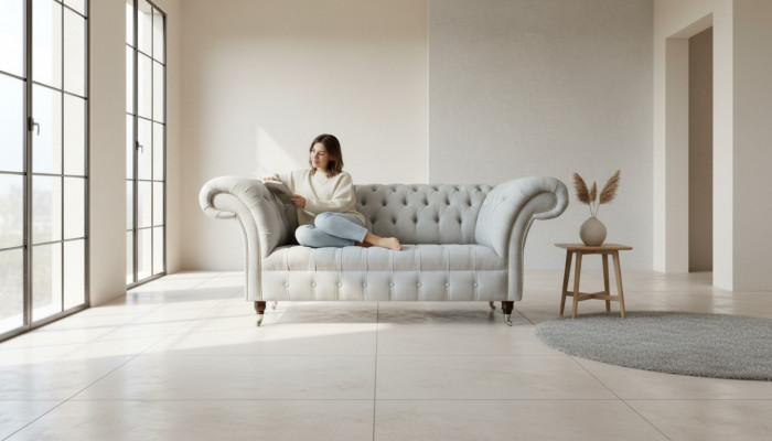 Chesterfield 2-Sëtzer Stuff Couch Sofa Polster Textil Stoffer Garnitur Nei