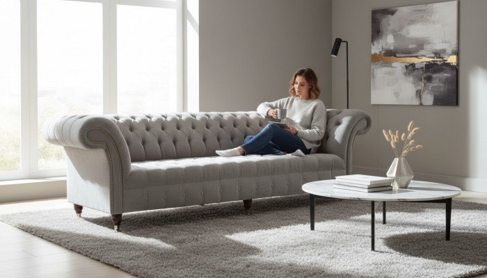 Grouss gro Chesterfield Sofa Couch 265cm Polstersofa 4 Sëtzer Lieder