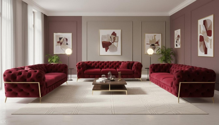 Chesterfield Sofa Samt Canapé Polster Sëtz 3+3 Sëtz Garnitur Design Canapéë Sofas