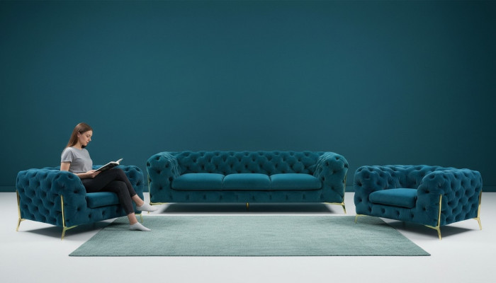 Chesterfield Designe Sofagarnitur 3+1+1 Sëtz Sofa Canapé Stoff Garnitur Polster Set