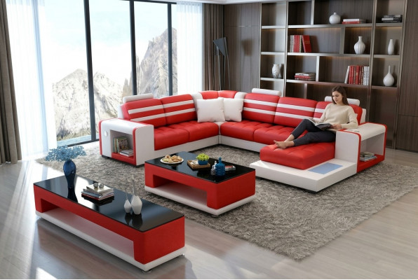 Eckcouch Polster Eckcouch U-Form Couchtisch Sideboard Ledersofa Wunnlandschaft