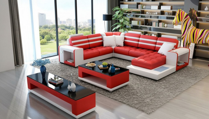 Eckcouch Polster Eckcouch U-Form Couchtisch Sideboard Ledersofa Wunnlandschaft
