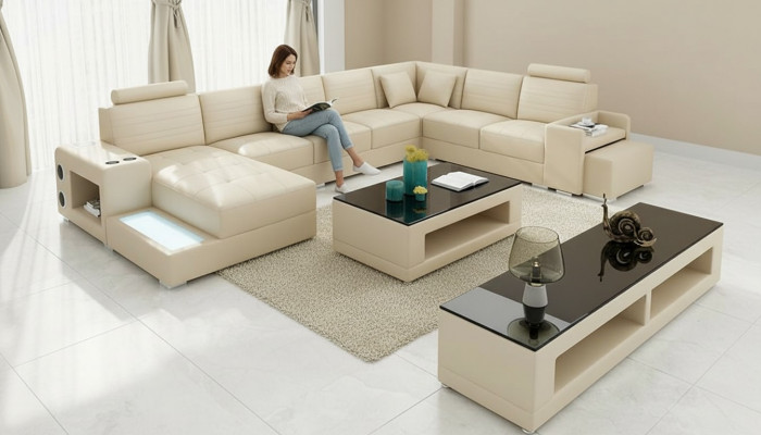 Eck Leder Ecksofa U-Form Sofa Canapé Design Polster Textil Modern Textil Nei
