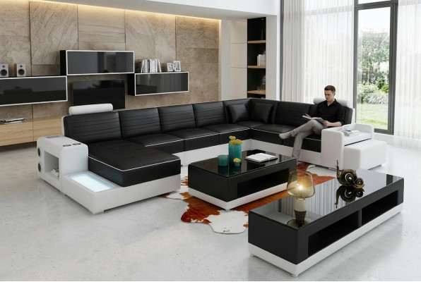 Eckcouch U-Form Sideboard Kaffisdësch Canapé Design Schwaarz Polster Lieder Modern.