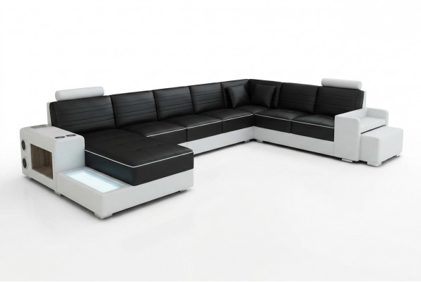 Eckcouch U-Form Sideboard Kaffisdësch Canapé Design Schwaarz Polster Lieder Modern.